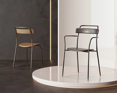Modern Single Chair Design With Wooden Seat Metal Frame And Armrest On Display Stand 3d model