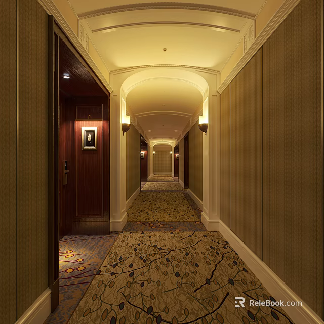 Elegant Hotel Corridor With Patterned Carpet Decorative Walls And Warm Lighting 3d model