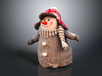 Cute Plush Snowman Doll With Red Hat Red Nose Gray Outfit Striped Scarf White Buttons 3d model
