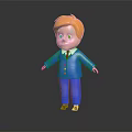3D Little Boy Doll With Blonde Hair Blue Suit Red Tie Black Background And Reflection