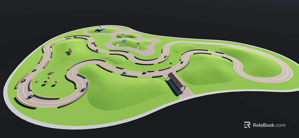 Green Park Landscape Design With Winding Paths And Small Pavilion Area 3d model 