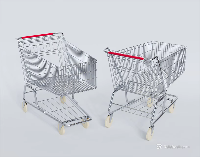 Public Facility Shopping Carts With Metal Frame Red Handles And Wheels 3d model 