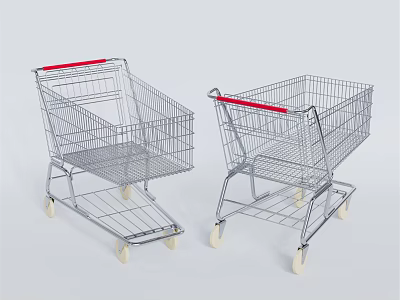 Public Facility Shopping Carts With Metal Frame Red Handles And Wheels 3d model