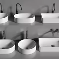 White Ceramic Washbasin Designs with Round and Square Shapes and Black Wall Faucets