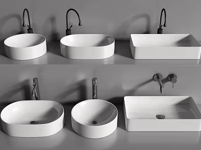 White Ceramic Washbasin Designs with Round and Square Shapes and Black Wall Faucets 3d model