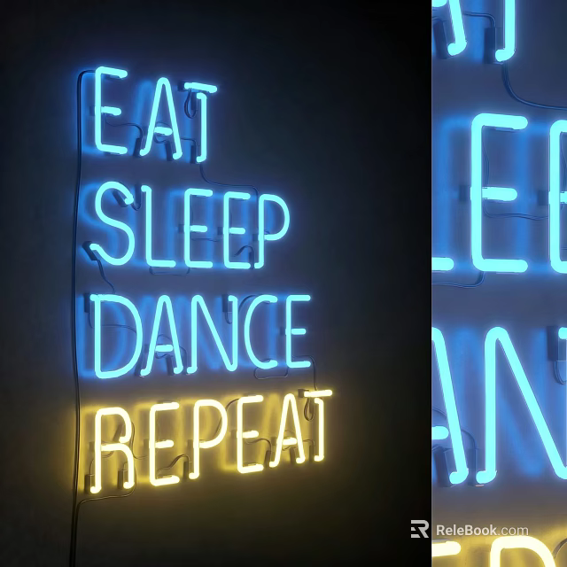 Neon Decorative Lights With EAT SLEEP DANCE REPEAT Text In Blue And Yellow 3d model 