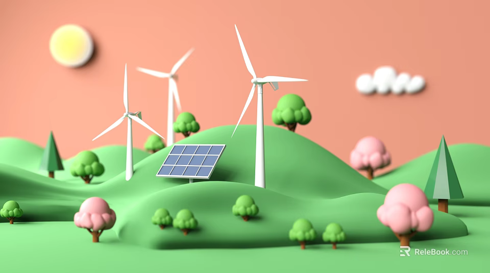 Eco Friendly Kids Play Area With Wind Turbines Solar Panels Green Hills And Trees 3d model 