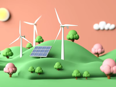 Eco Friendly Kids Play Area With Wind Turbines Solar Panels Green Hills And Trees 3d model