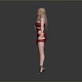 Blonde Female Character in Red Strapless Short Dress with Black High Heels on Gray Background