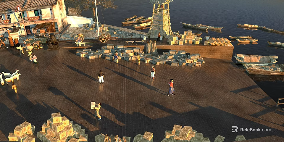 Scenic Waterfront Dock Area With Traditional Houses Wooden Boats And People Carrying Crates 3d model 