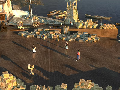 Scenic Waterfront Dock Area With Traditional Houses Wooden Boats And People Carrying Crates 3d model