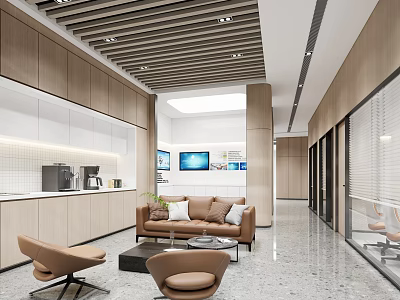 Bright Modern Tea Room Interior With Open Layout Wooden Cabinets Sofa Seating Coffee Equipment TV 3d model