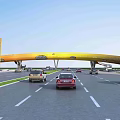 Yellow Curved Modern Bridge With Vehicles Driving Over Water Under Evening Cloudy Sky