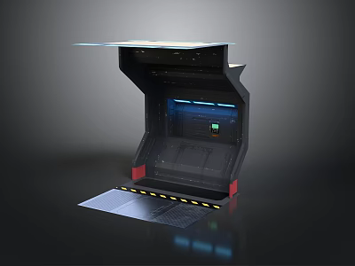 Futuristic Console Workstation With Transparent Top Blue Lighting Display Screen And Warning Stripes 3d model