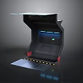 Futuristic Console Workstation With Transparent Top Blue Lighting Display Screen And Warning Stripes