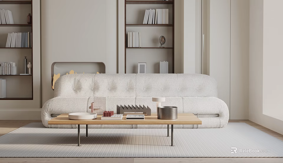 Modern Comfortable Fabric Sofa and Wooden Coffee Table Set with Books Decorative Items and Metal Legs 3d model 