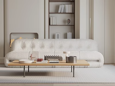 Modern Comfortable Fabric Sofa and Wooden Coffee Table Set with Books Decorative Items and Metal Legs 3d model