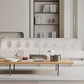 Modern Comfortable Fabric Sofa and Wooden Coffee Table Set with Books Decorative Items and Metal Legs