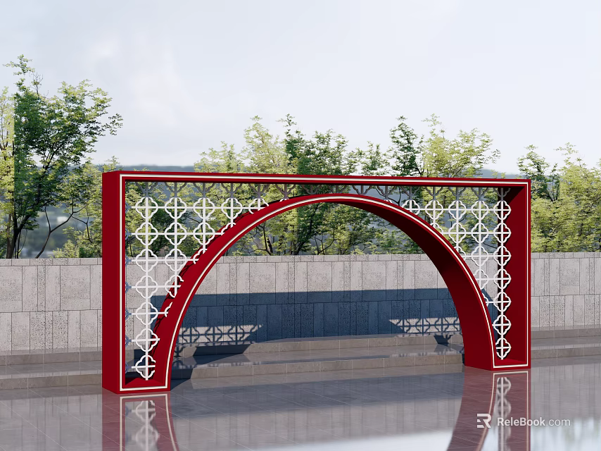 Red Arched Event Gateway With White Lattice Pattern Gray Wall And Tree Background 3d model 
