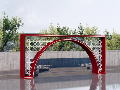 Red Arched Event Gateway With White Lattice Pattern Gray Wall And Tree Background 3d model