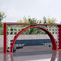 Red Arched Event Gateway With White Lattice Pattern Gray Wall And Tree Background 3d model