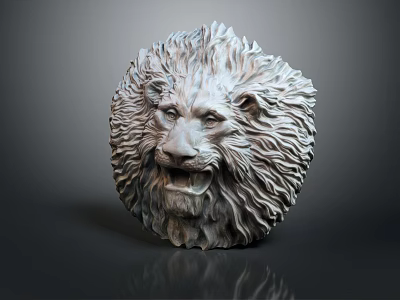 Detailed Handcrafted Lion Head Stone Sculpture with Intricate Mane Texture and Circular Base 3d model