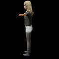 Blonde Woman With Arms Outstretched Wearing Black Jacket White Shorts Gray Boots Against Black Background