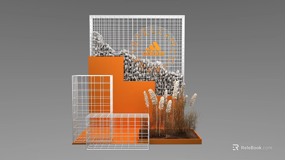 Elegant Photo Spot With White Grid Structure Orange Decorative Elements Stone Piles And Reed Plants 3d model 