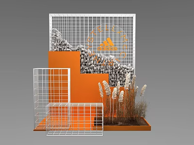 Elegant Photo Spot With White Grid Structure Orange Decorative Elements Stone Piles And Reed Plants 3d model