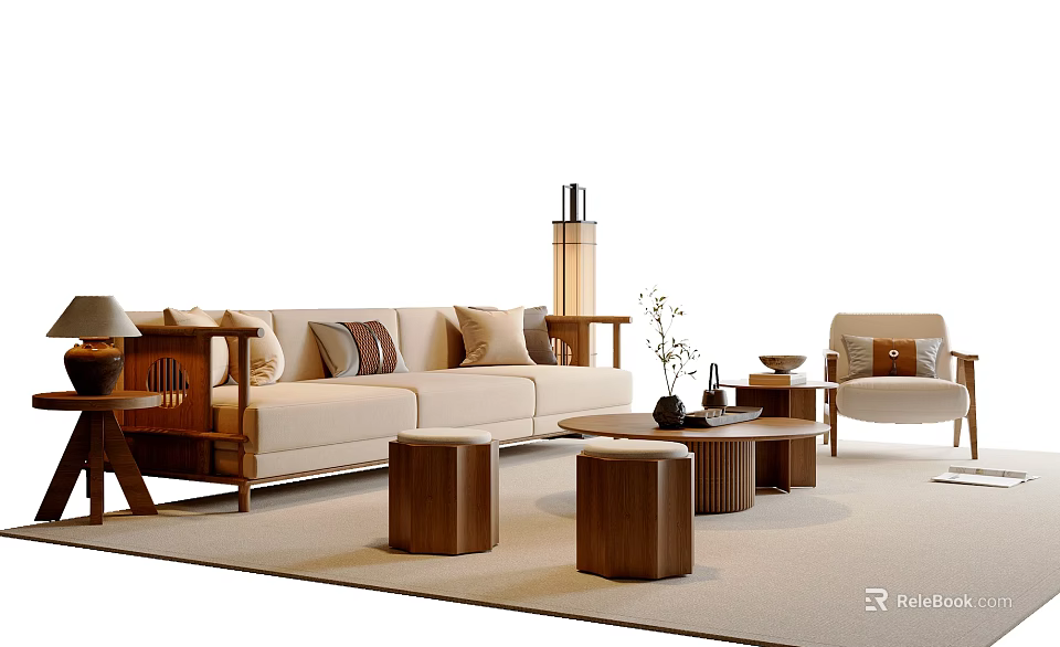 Modern Beige Sofa And Coffee Table Set With Wooden Stools And Cushions 3d model