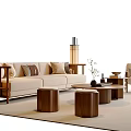 Modern Beige Sofa And Coffee Table Set With Wooden Stools And Cushions 3d model