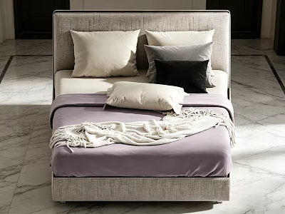 Double Bed With Gray Headboard Beige Gray Black Pillows Purple Sheet White Blanket Marble Floor 3d model