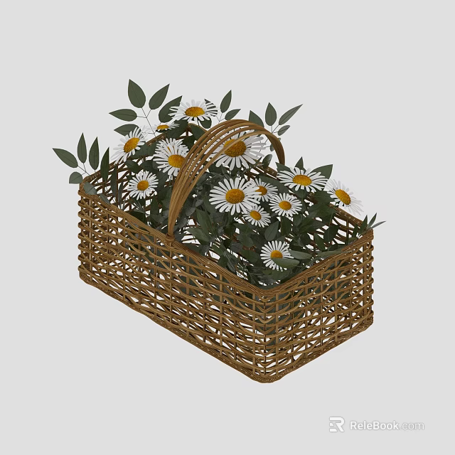 Fresh White Daisies And Green Leaves In Wicker Basket For Home Decoration 3d model 