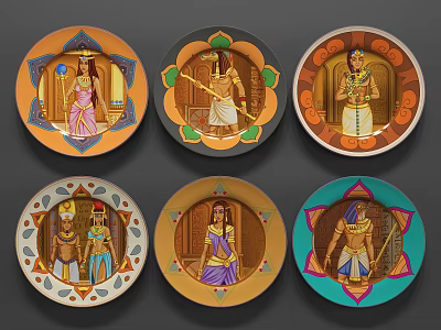 Egyptian Style Decorative Plates With Figural Characters In Traditional Attire And Colorful Backgrounds 3d model