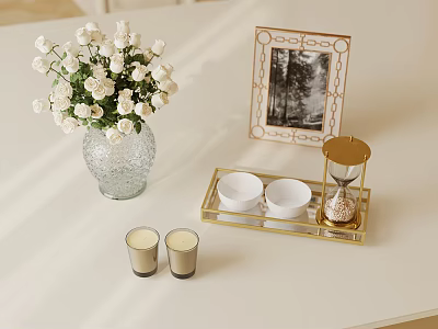 Decorative Ornament Set Including Glass Vase White Flowers Golden Frame Gold Tray Hourglass Bowls Candles 3d model