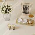 Decorative Ornament Set Including Glass Vase White Flowers Golden Frame Gold Tray Hourglass Bowls Candles
