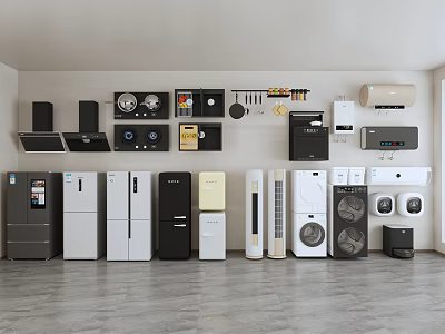 Modern Refrigerators and Freezers Showroom Display with Various Home Appliances 3d model