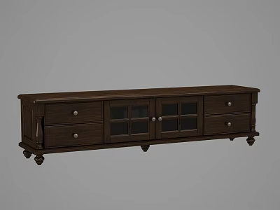 Dark Brown Wooden TV Stand With Drawers Glass Doors Legs And Storage Cabinets 3d model