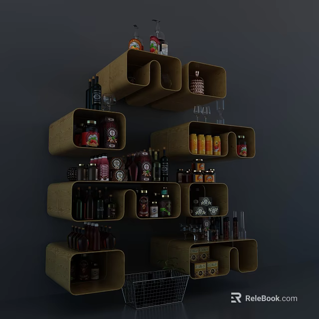 Multi Tiered Wine Cabinet With Open Shelves Holding Wine Bottles Glassware And Decorative Items 3d model 