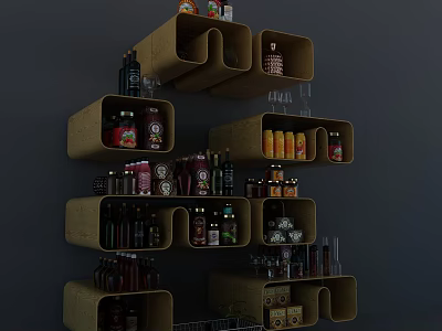 Multi Tiered Wine Cabinet With Open Shelves Holding Wine Bottles Glassware And Decorative Items 3d model