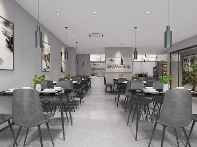 Elegant Modern Restaurant Interior With Dining Tables Chairs Pendant Lights And Decorative Paintings 3d model