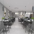 Elegant Modern Restaurant Interior With Dining Tables Chairs Pendant Lights And Decorative Paintings