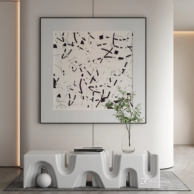 Abstract Wall Art With Black White Pattern On White Console Table With Vase And Plant 3d model 