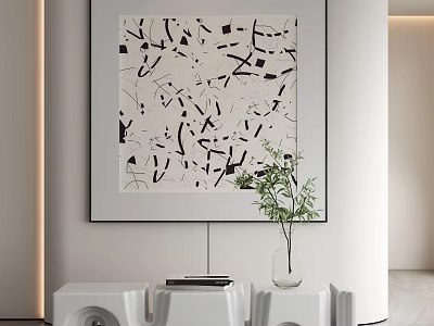 Abstract Wall Art With Black White Pattern On White Console Table With Vase And Plant 3d model