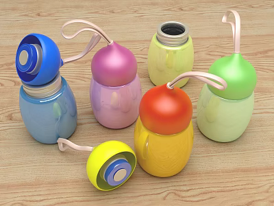 Colorful Stainless Steel Cups With Lanyards On Wooden Table 3d model