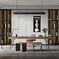 Modern Study Room Interior With Wooden Desk Bookshelves Hanging Lamp And Decorative Sculpture