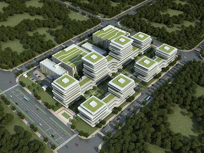 Aerial View Planning of Modern Architectural Complex with Green Roofs and Tree Surroundings 3d model