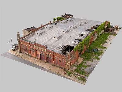 Industrial Factory Building With Red Brick Structure Roof Vents And Climbing Vines 3d model