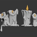 White Candles With Melting Wax And Yellow Flames On Black Background Reflections
