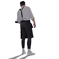 Professional Male Waiter In White Shirt And Black Suspenders Holding Service Tray